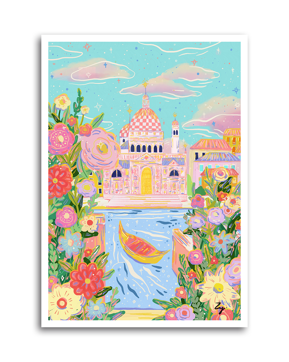 Venice Daydream digital illustration showing colourful cathedral, gondola, and floral edges on black background
