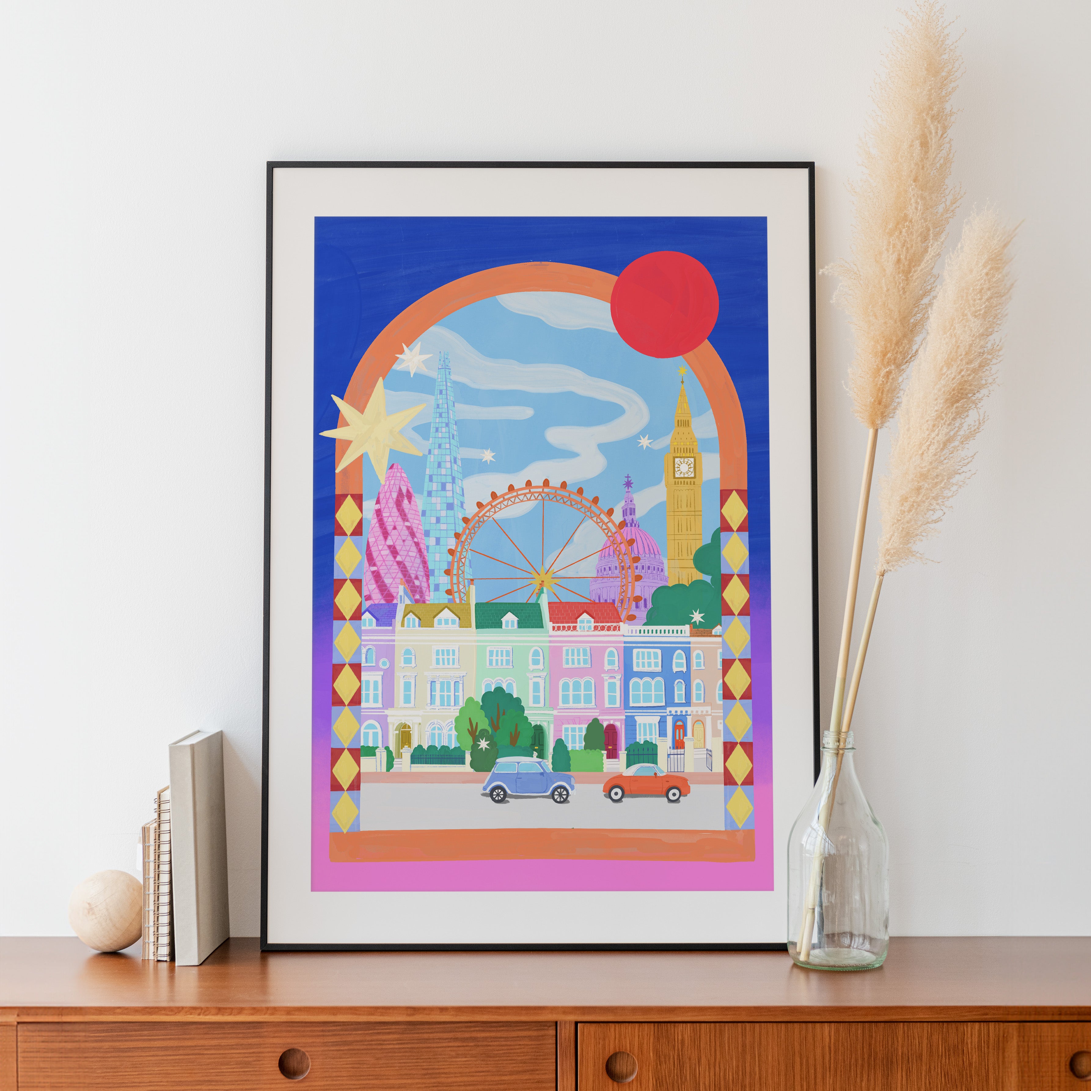 Whimsical London art print featuring London Eye Big Ben and colourful townhouses in a bright illustrated cityscape