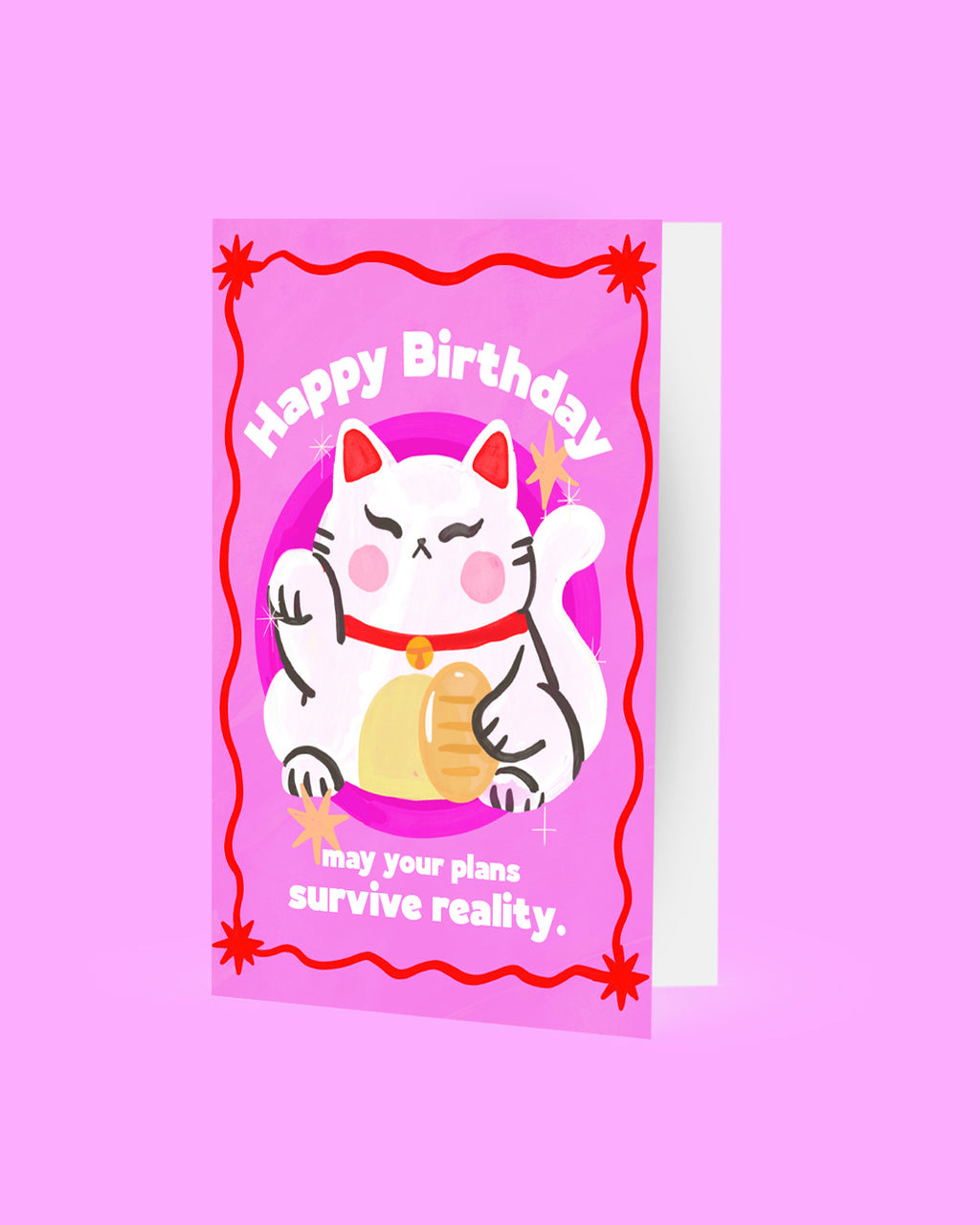 Birthday card with a cartoon cat on a pink background