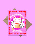 Birthday card with a cartoon cat on a pink background
