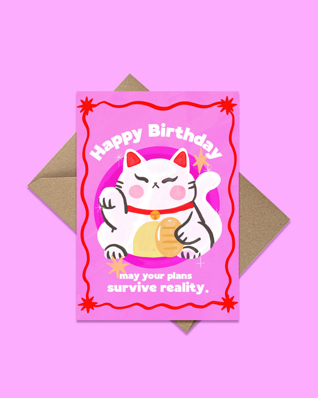 Birthday card with a cartoon cat on a pink background