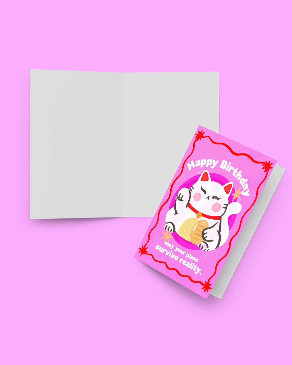 Greeting card with a cat illustration and 'Happy Birthday' text on a pink background