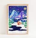 Framed artwork of a snowy mountain landscape with a house and trees.