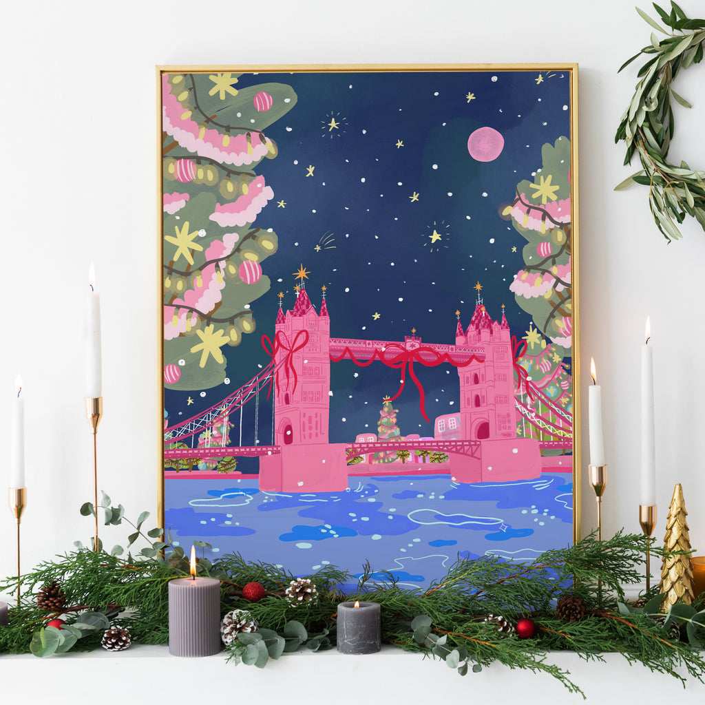 Xmas at Tower Bridge art print featuring pink Tower Bridge with Christmas ribbons and night sky