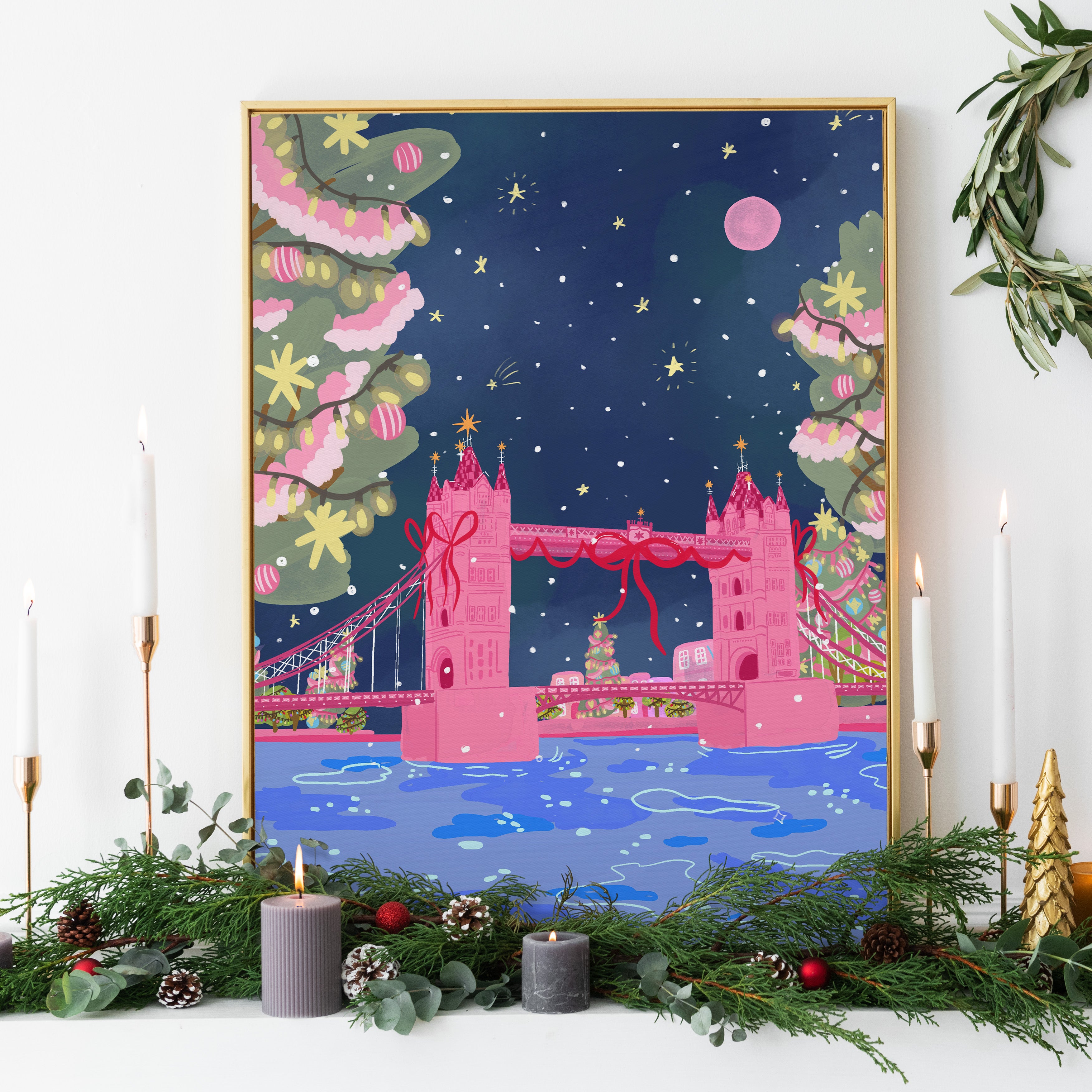 Xmas at Tower Bridge art print featuring pink Tower Bridge with Christmas ribbons and night sky