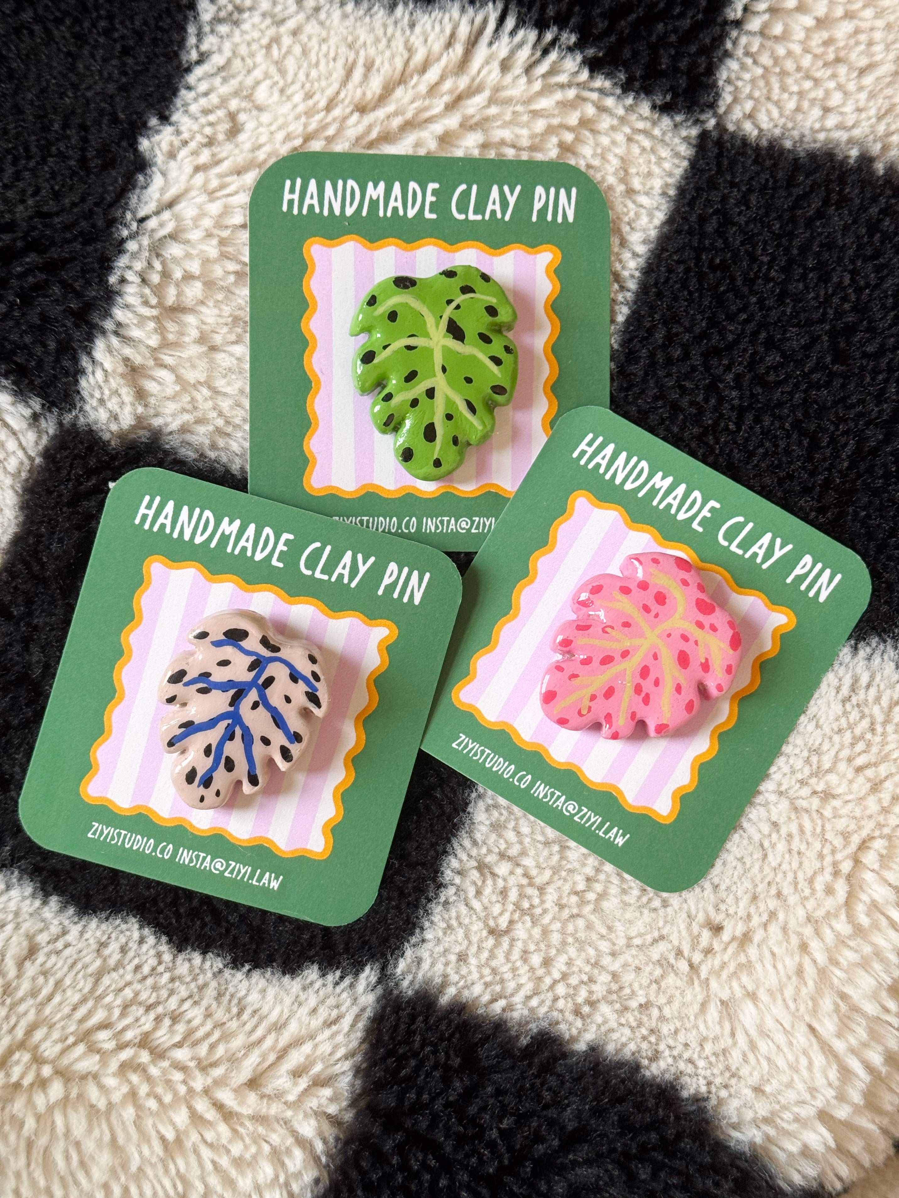 ziyi-studio-london-original-hand-painted-stone-clay-leaf-pins-green-pink-grey