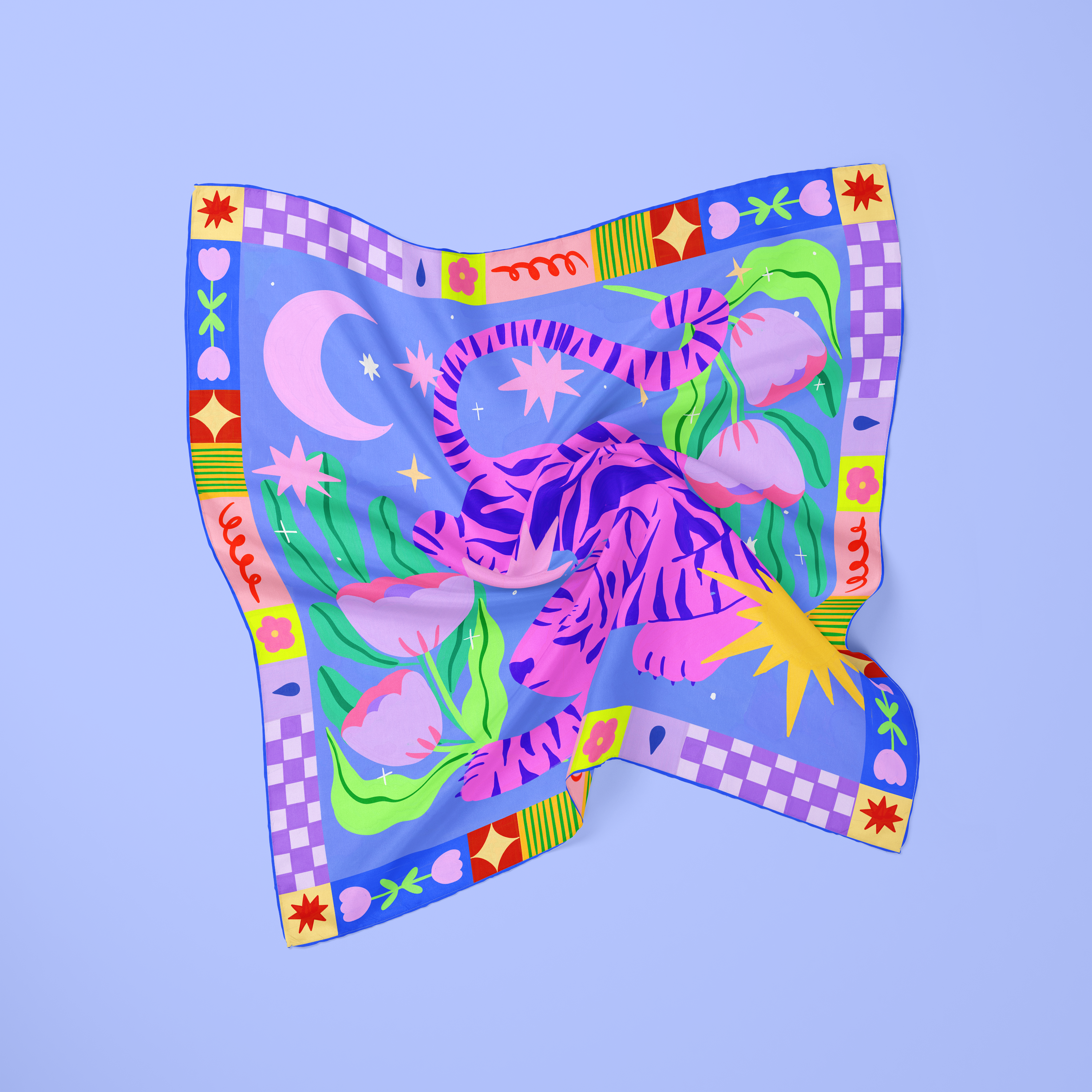 Colorful scarf with a tiger design on a light blue background